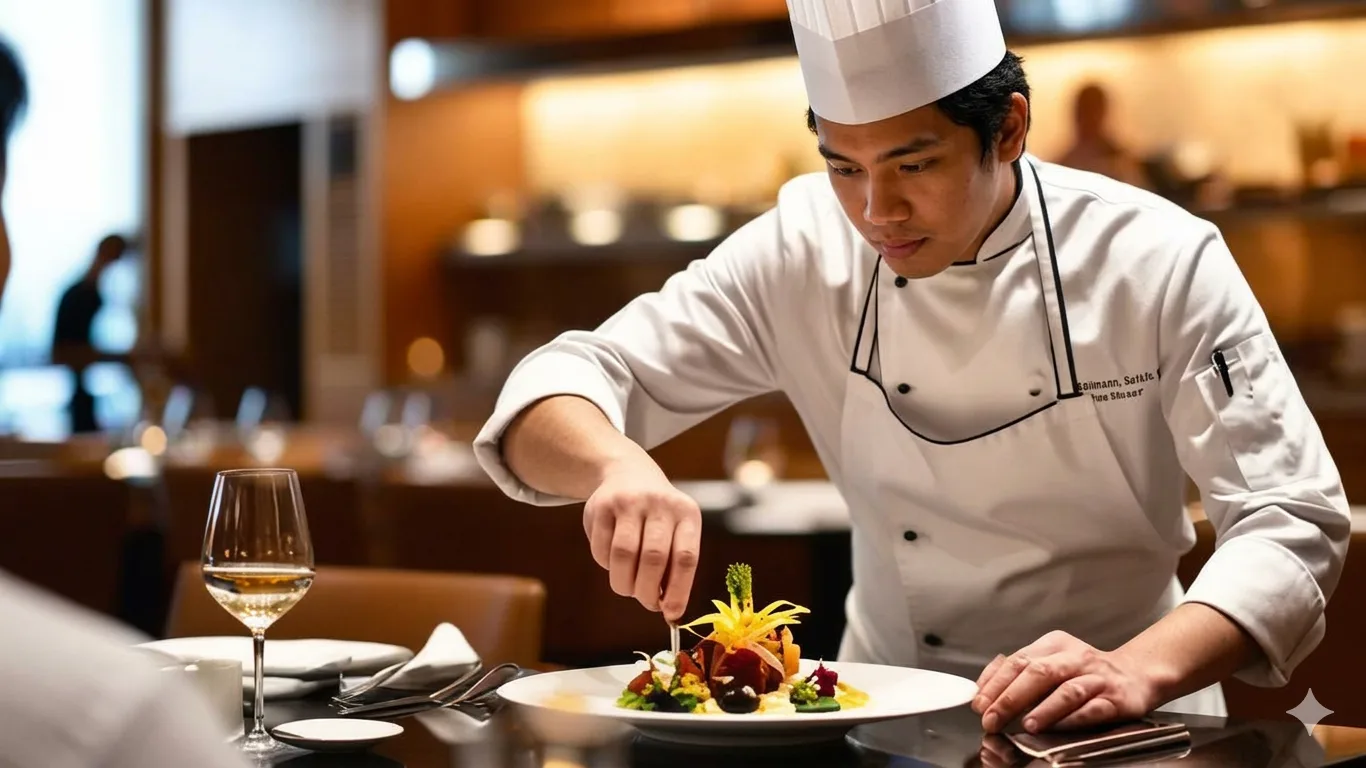 Chef plating a gourmet dish in a fine dining hotel restaurant