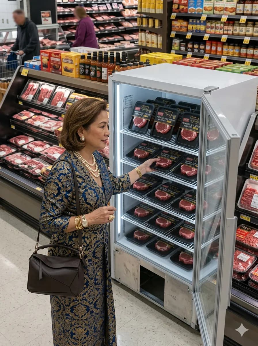 Woman browsing premium meat products at a supermarket retail display