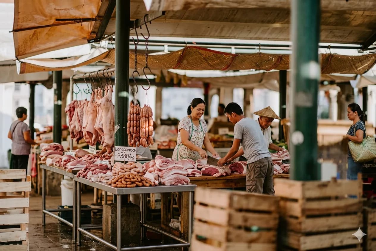 Outdoor Filipino meat trading market with vendors and fresh cuts